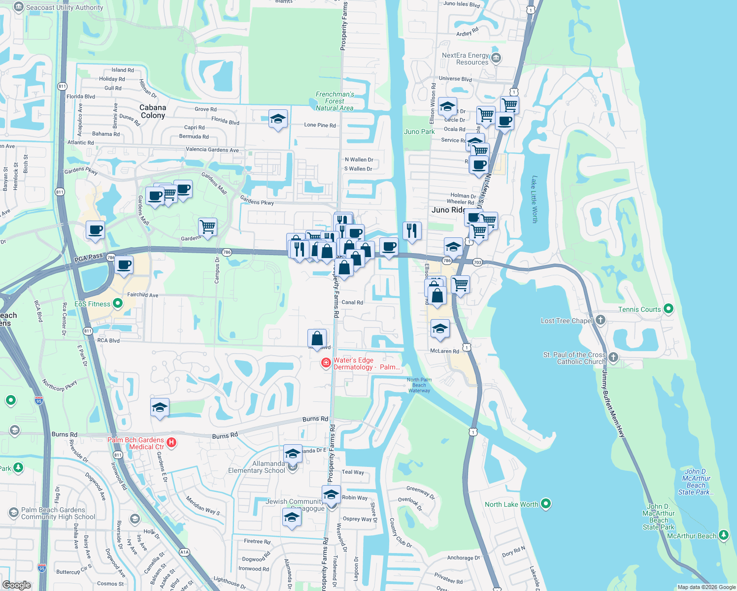 map of restaurants, bars, coffee shops, grocery stores, and more near 11288 West Teach Road in Palm Beach Gardens