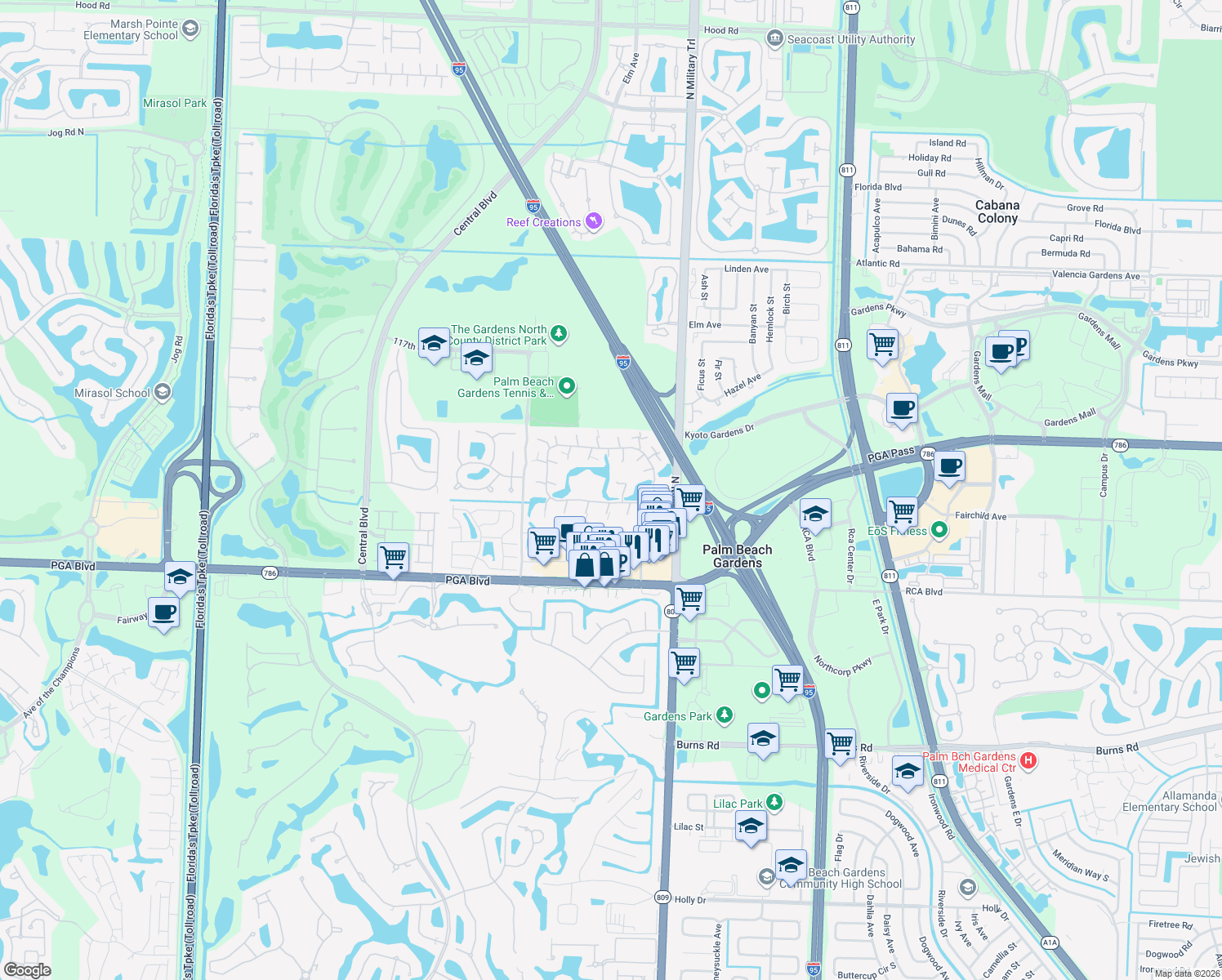map of restaurants, bars, coffee shops, grocery stores, and more near 2427 24th Lane in Palm Beach Gardens