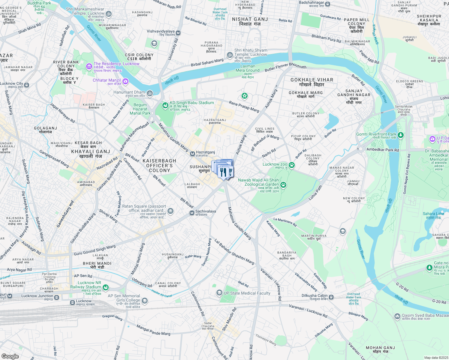 map of restaurants, bars, coffee shops, grocery stores, and more near in Lucknow
