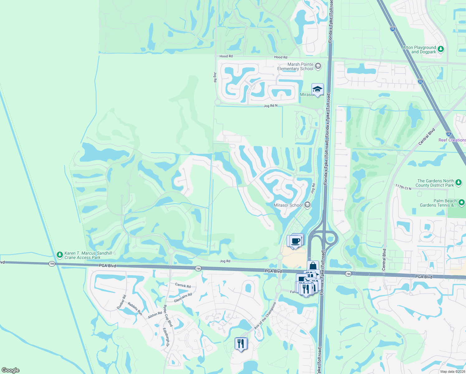 map of restaurants, bars, coffee shops, grocery stores, and more near 100 Remo Place in Palm Beach Gardens
