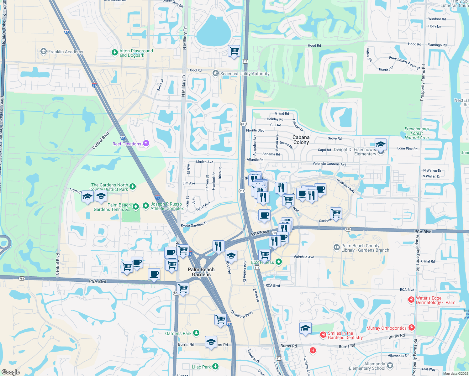 map of restaurants, bars, coffee shops, grocery stores, and more near 11752 Cottonwood Avenue in Palm Beach Gardens