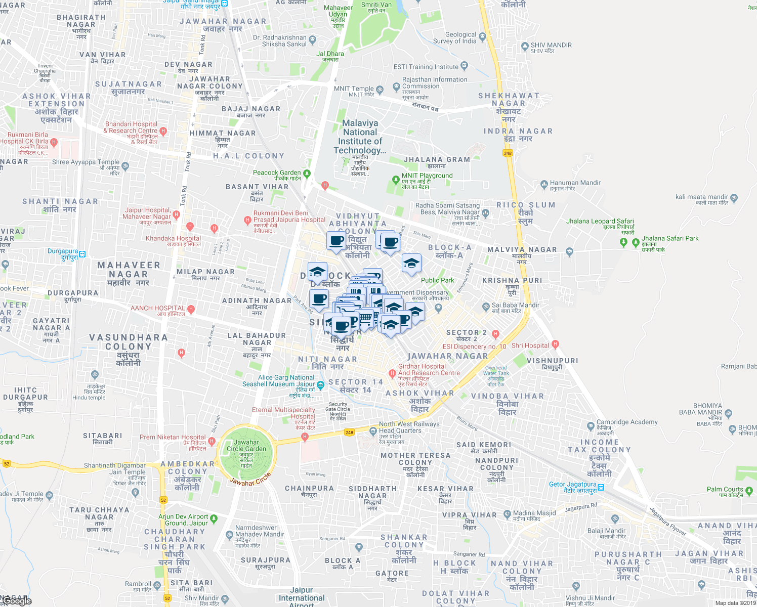 map of restaurants, bars, coffee shops, grocery stores, and more near Pradhan Marg in Jaipur