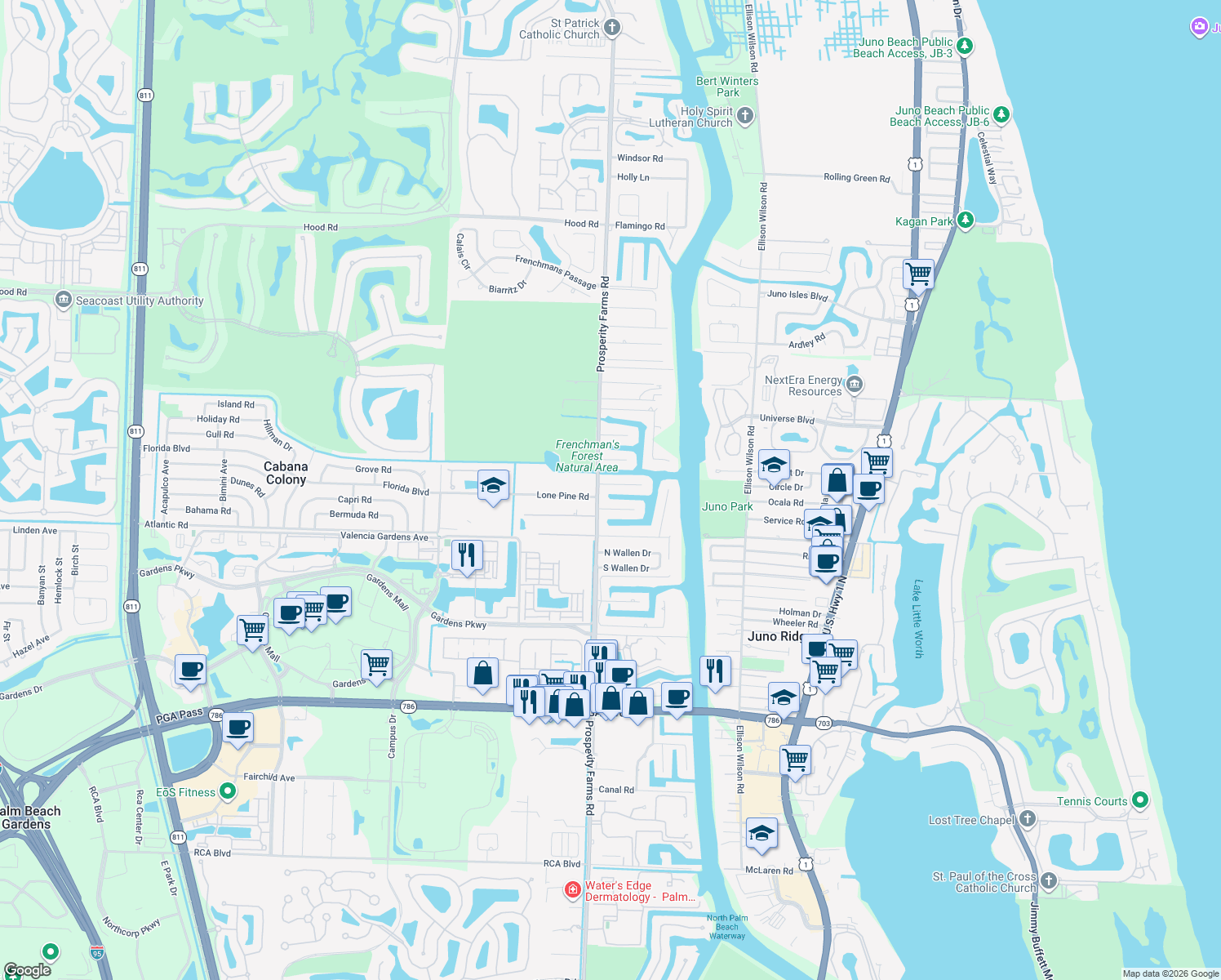 map of restaurants, bars, coffee shops, grocery stores, and more near 2442 Bay Circle in Palm Beach Gardens