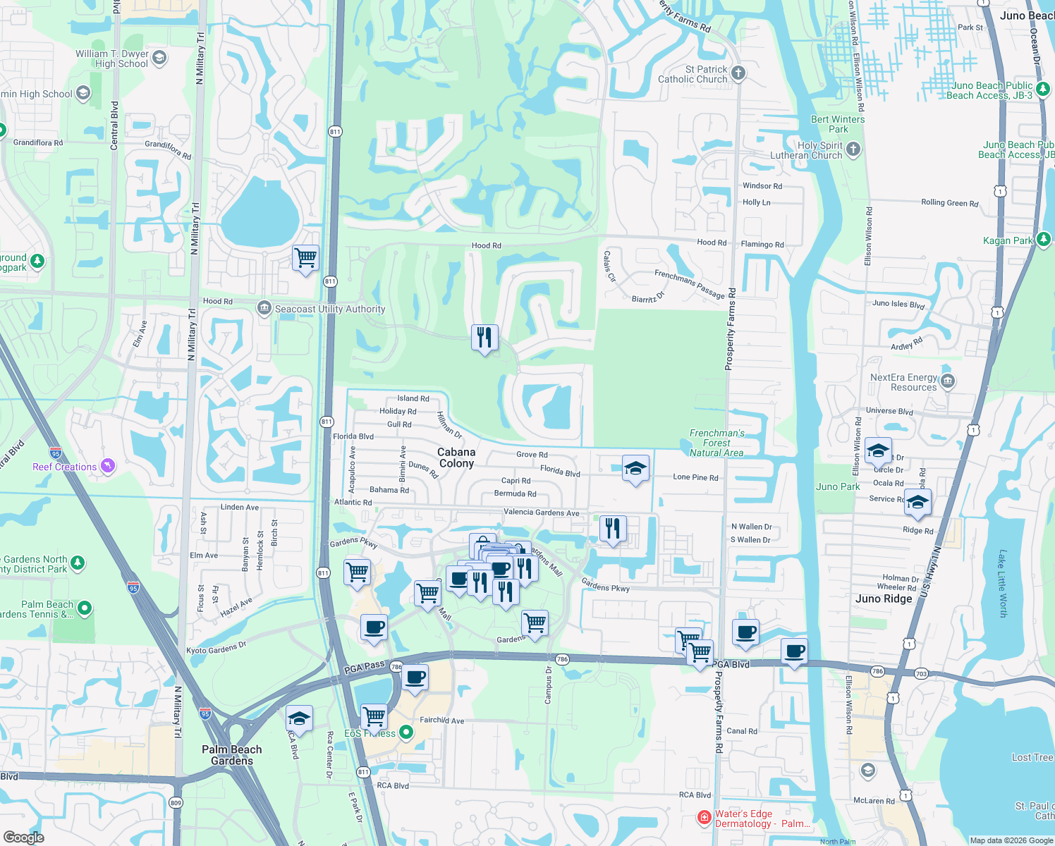 map of restaurants, bars, coffee shops, grocery stores, and more near 624 Hermitage Circle in Palm Beach Gardens