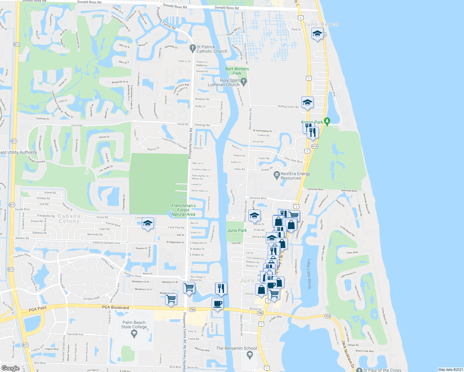 map of restaurants, bars, coffee shops, grocery stores, and more near 811 Oak Harbour Drive in Juno Beach