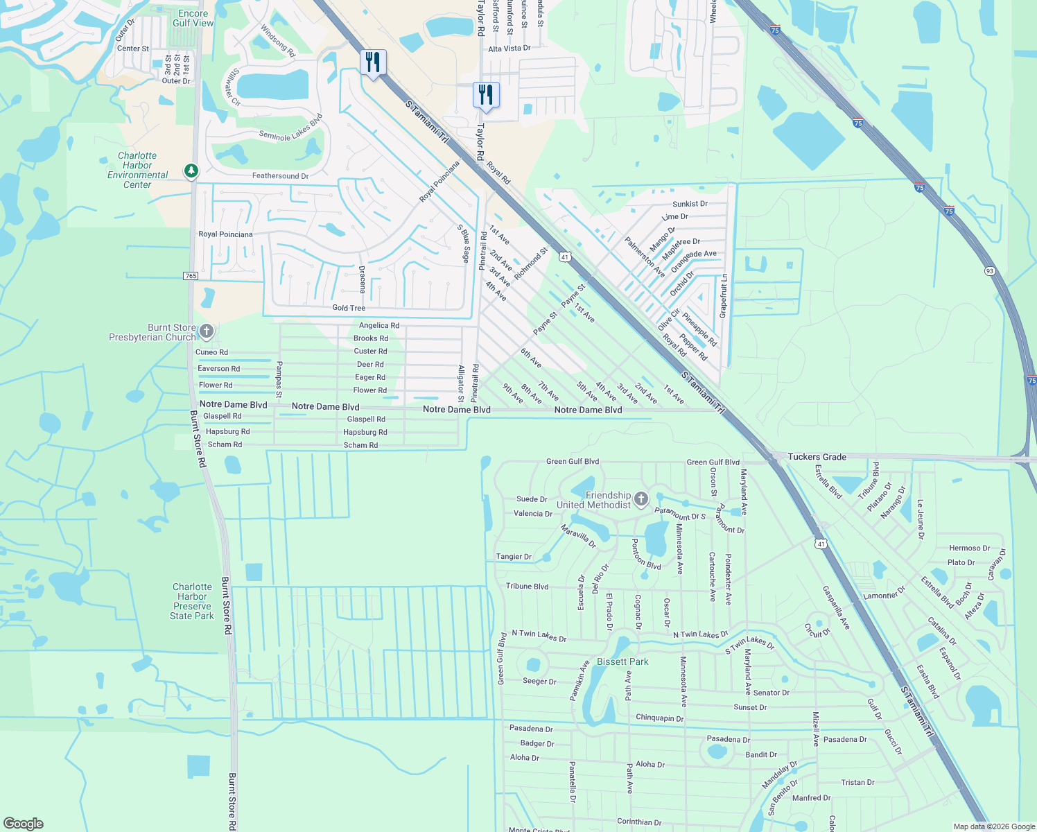 map of restaurants, bars, coffee shops, grocery stores, and more near 27105 Notre Dame Blvd in Punta Gorda