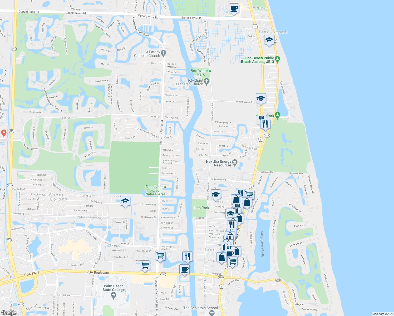 map of restaurants, bars, coffee shops, grocery stores, and more near 122 Bay Colony Drive North in North Palm Beach