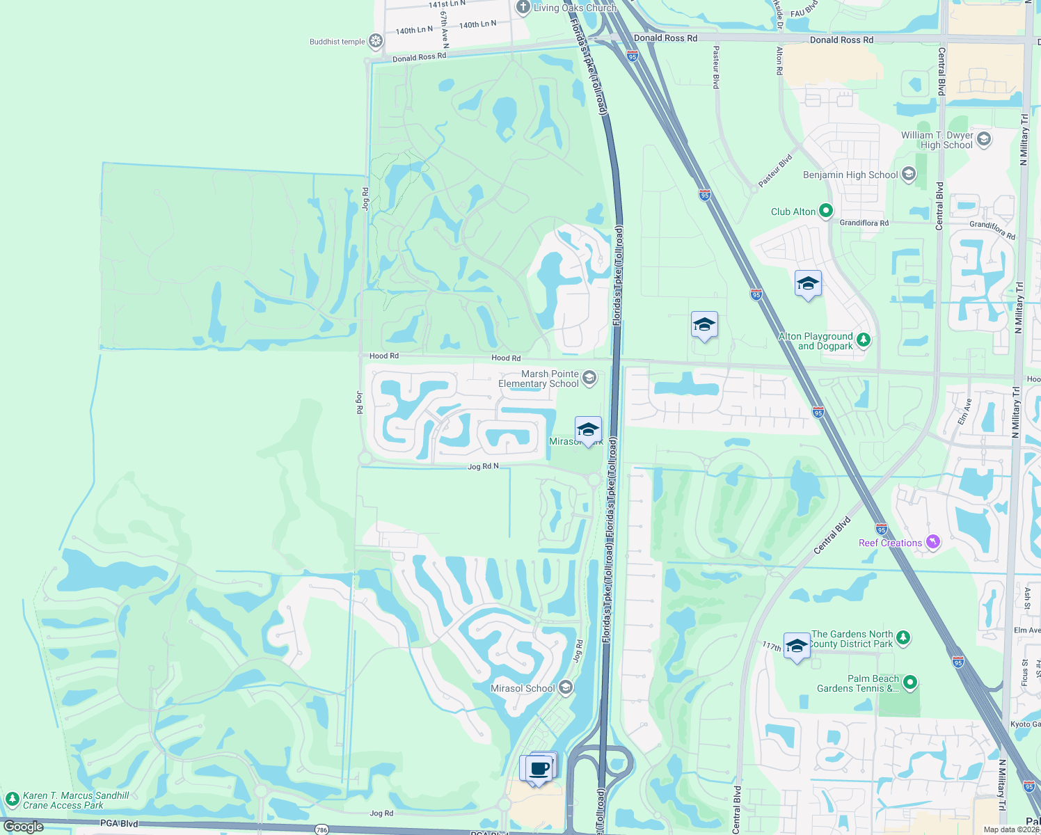 map of restaurants, bars, coffee shops, grocery stores, and more near 117 Via Condado Way in Palm Beach Gardens