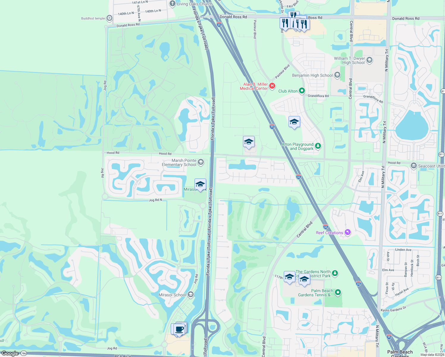map of restaurants, bars, coffee shops, grocery stores, and more near 5796 Golden Eagle Circle in Palm Beach Gardens
