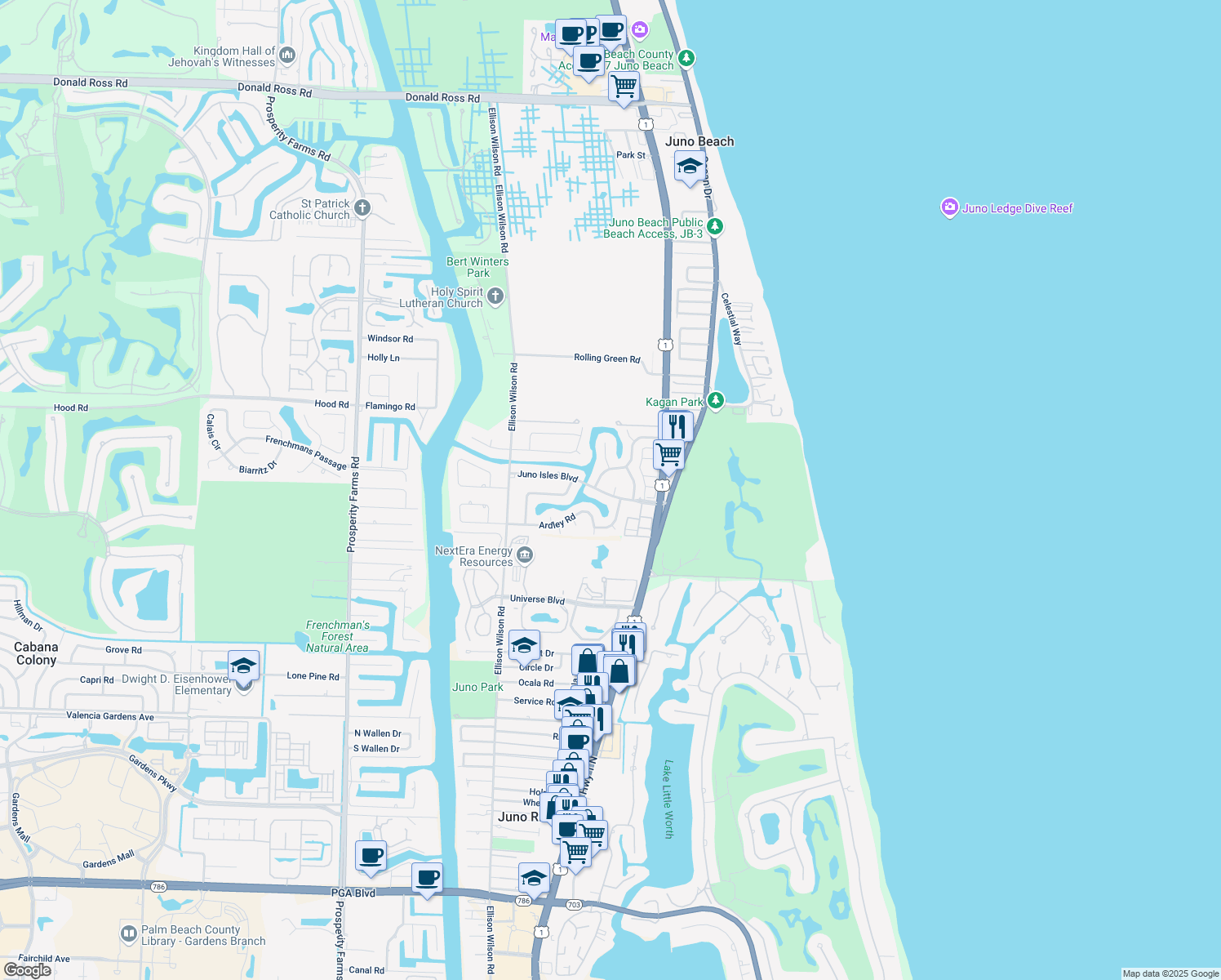 map of restaurants, bars, coffee shops, grocery stores, and more near 1679 Juno Isles Boulevard in North Palm Beach