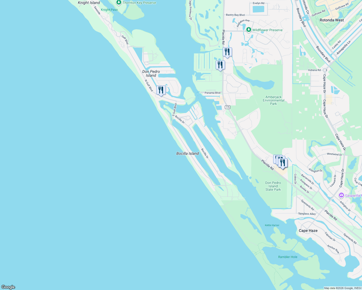 map of restaurants, bars, coffee shops, grocery stores, and more near 141 South Gulf Boulevard in Placida