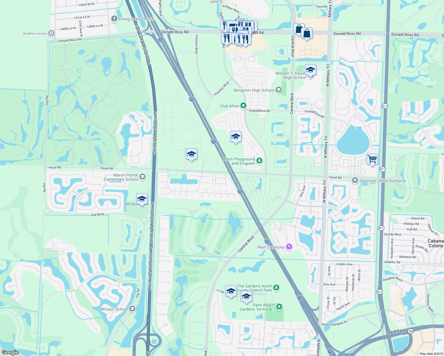 map of restaurants, bars, coffee shops, grocery stores, and more near 4627 Mediterranean Circle in Palm Beach Gardens