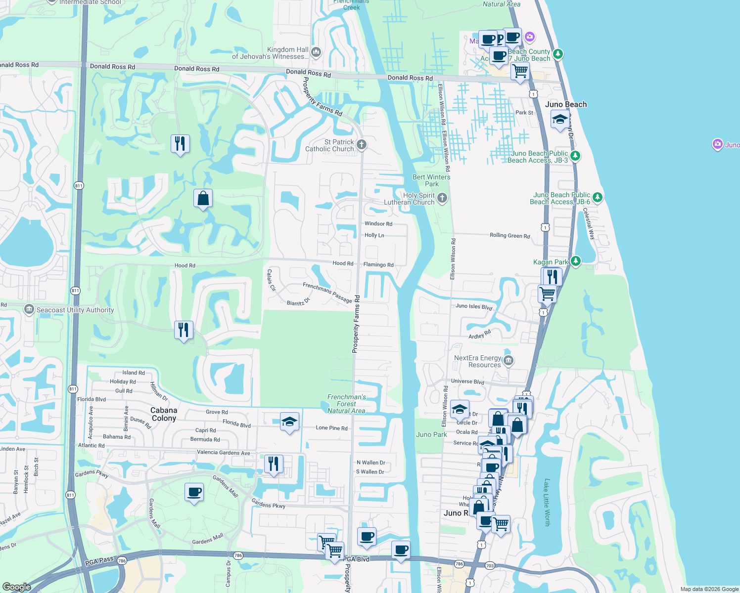 map of restaurants, bars, coffee shops, grocery stores, and more near 12831 Inshore Drive in Palm Beach Gardens
