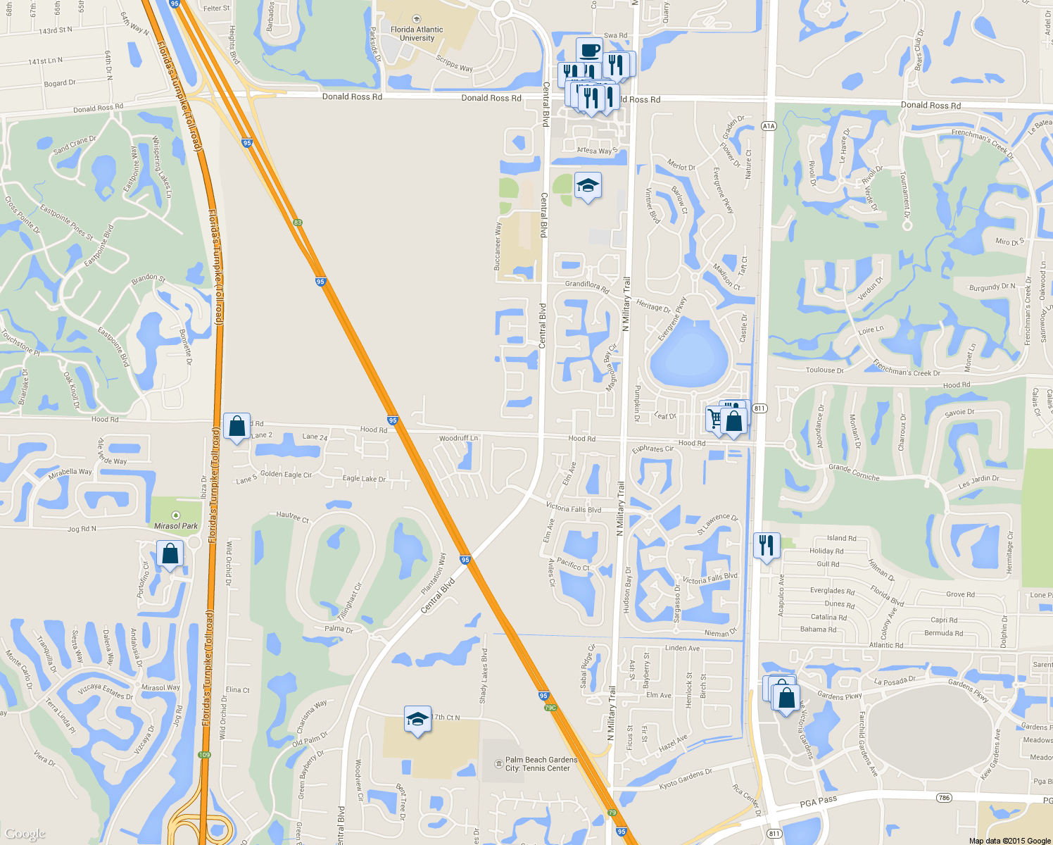 map of restaurants, bars, coffee shops, grocery stores, and more near 1122 San Michele Way in Palm Beach Gardens