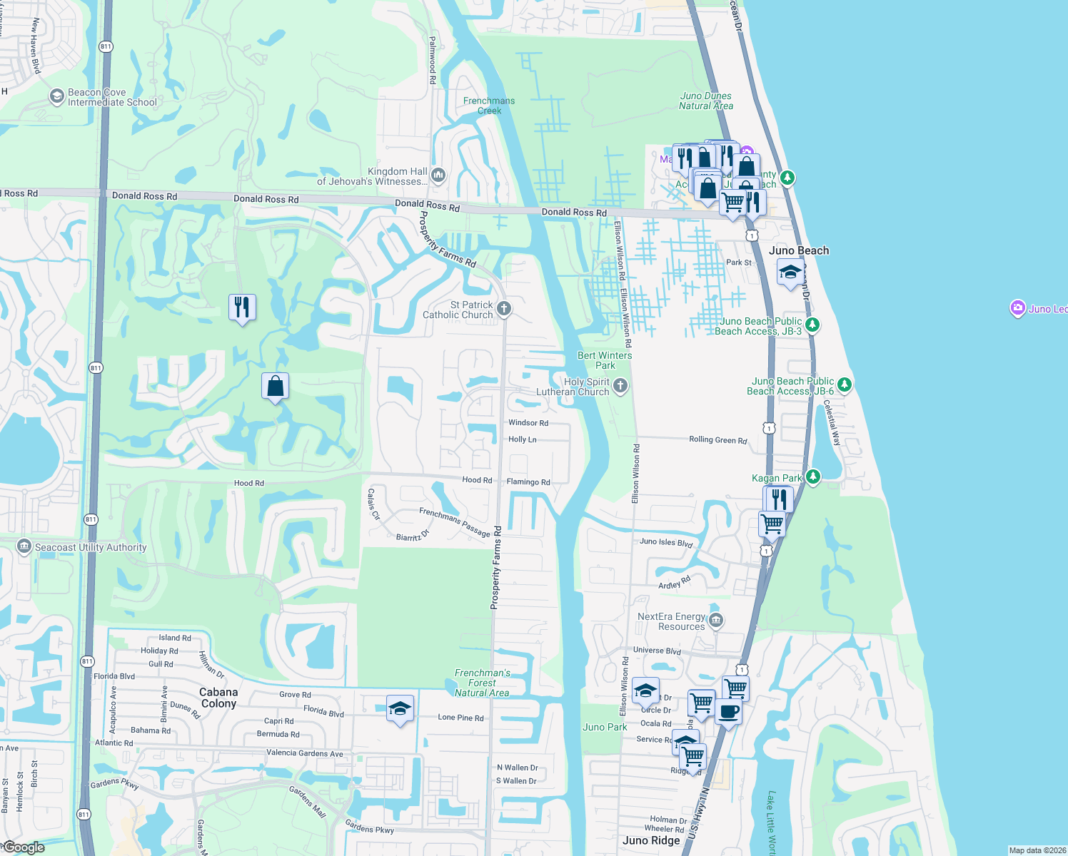 map of restaurants, bars, coffee shops, grocery stores, and more near 2384 Windsor Road in Palm Beach Gardens