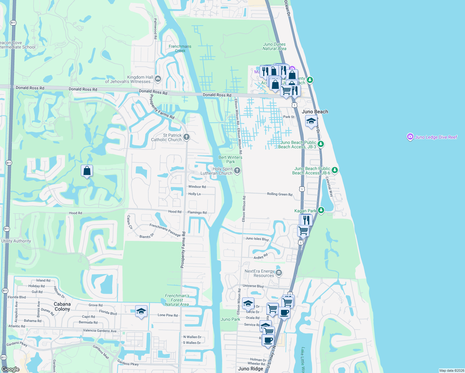 map of restaurants, bars, coffee shops, grocery stores, and more near 13249 Rolling Green Road in North Palm Beach