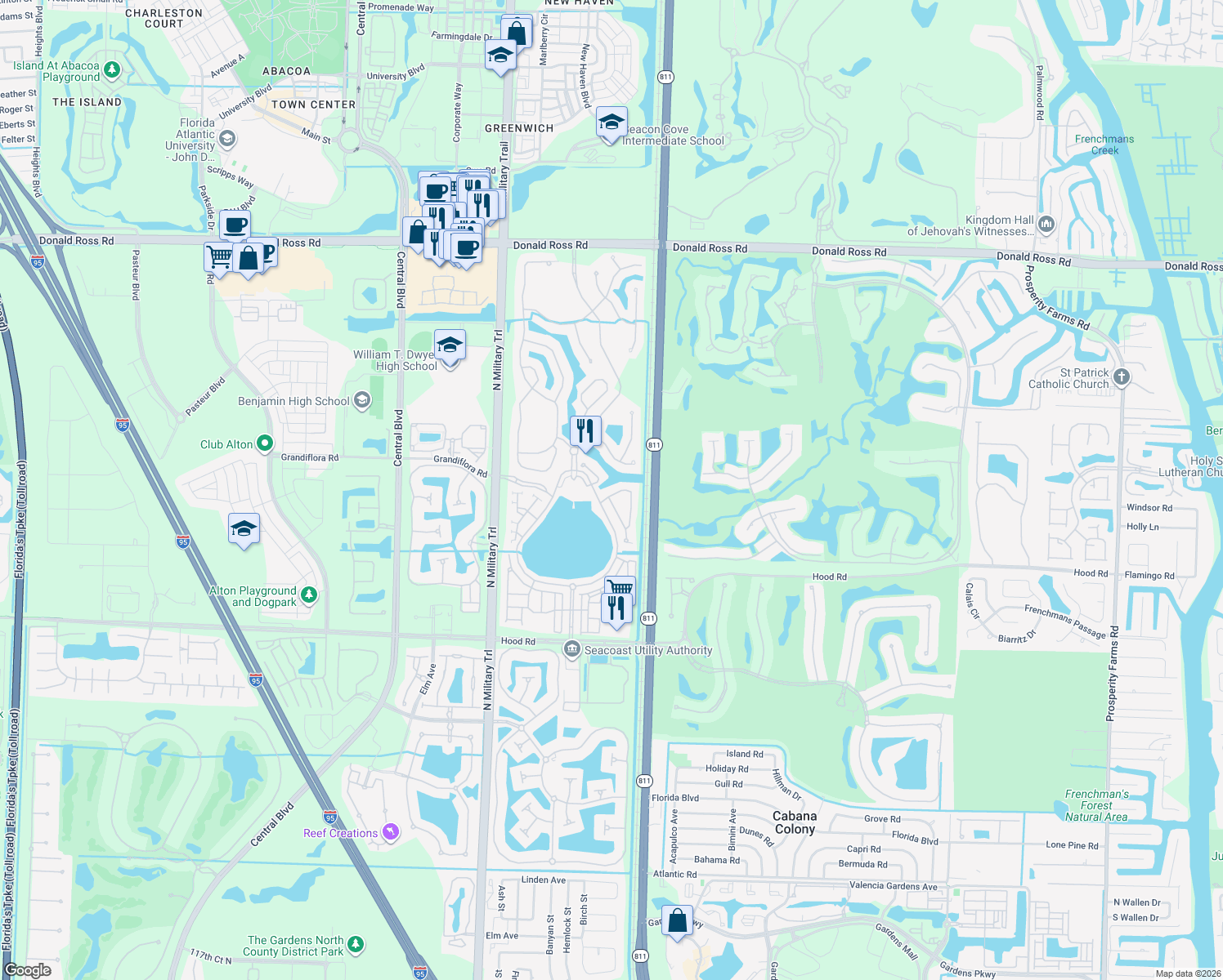 map of restaurants, bars, coffee shops, grocery stores, and more near 653 Castle Drive in Palm Beach Gardens