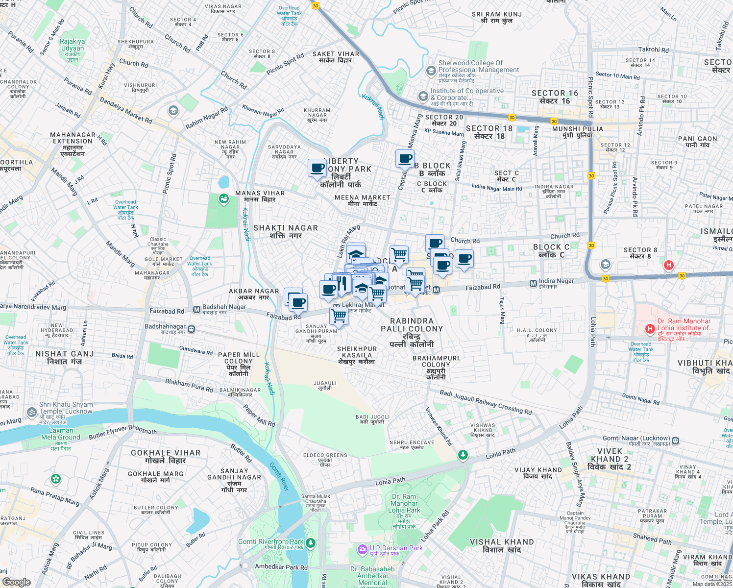 map of restaurants, bars, coffee shops, grocery stores, and more near in Lucknow