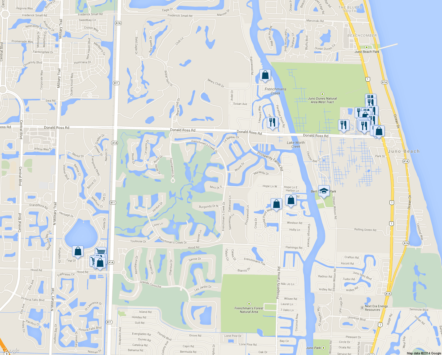 map of restaurants, bars, coffee shops, grocery stores, and more near 3074 Miro Dr N in Palm Beach Gardens