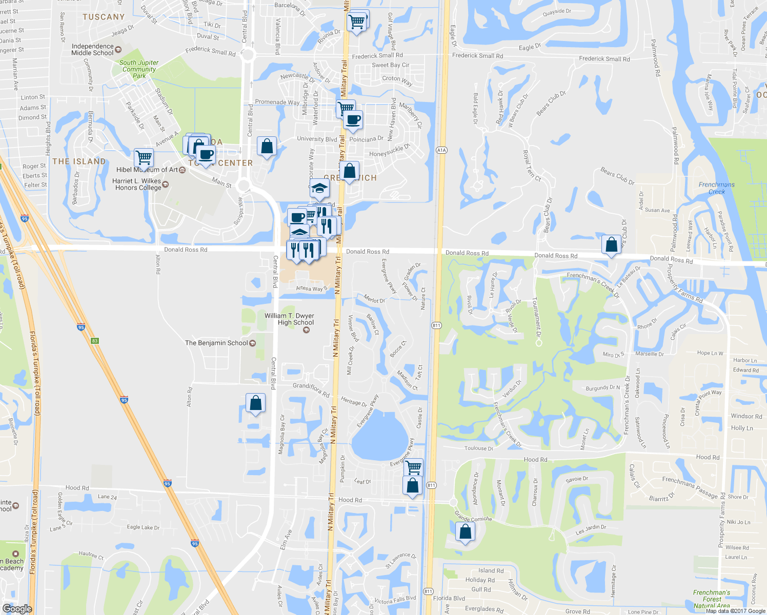 map of restaurants, bars, coffee shops, grocery stores, and more near 1301 Sonoma Ct in Palm Beach Gardens