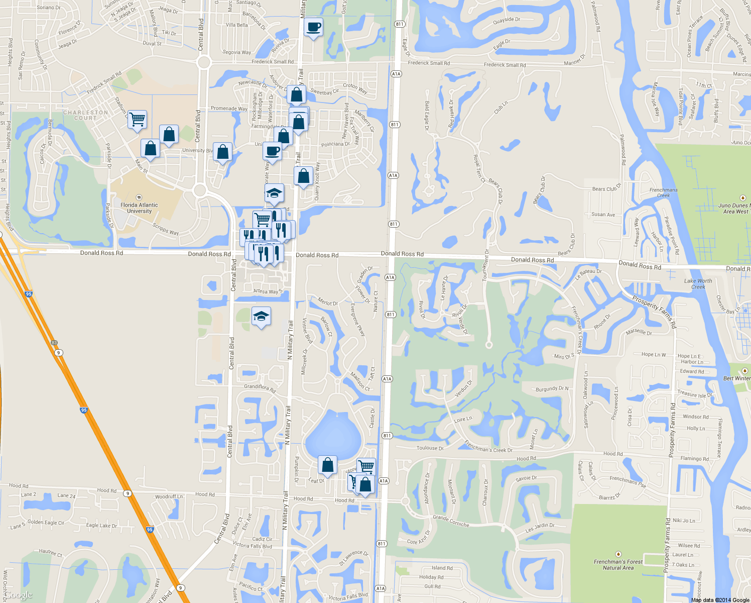map of restaurants, bars, coffee shops, grocery stores, and more near 1711 Nature Court in Palm Beach Gardens