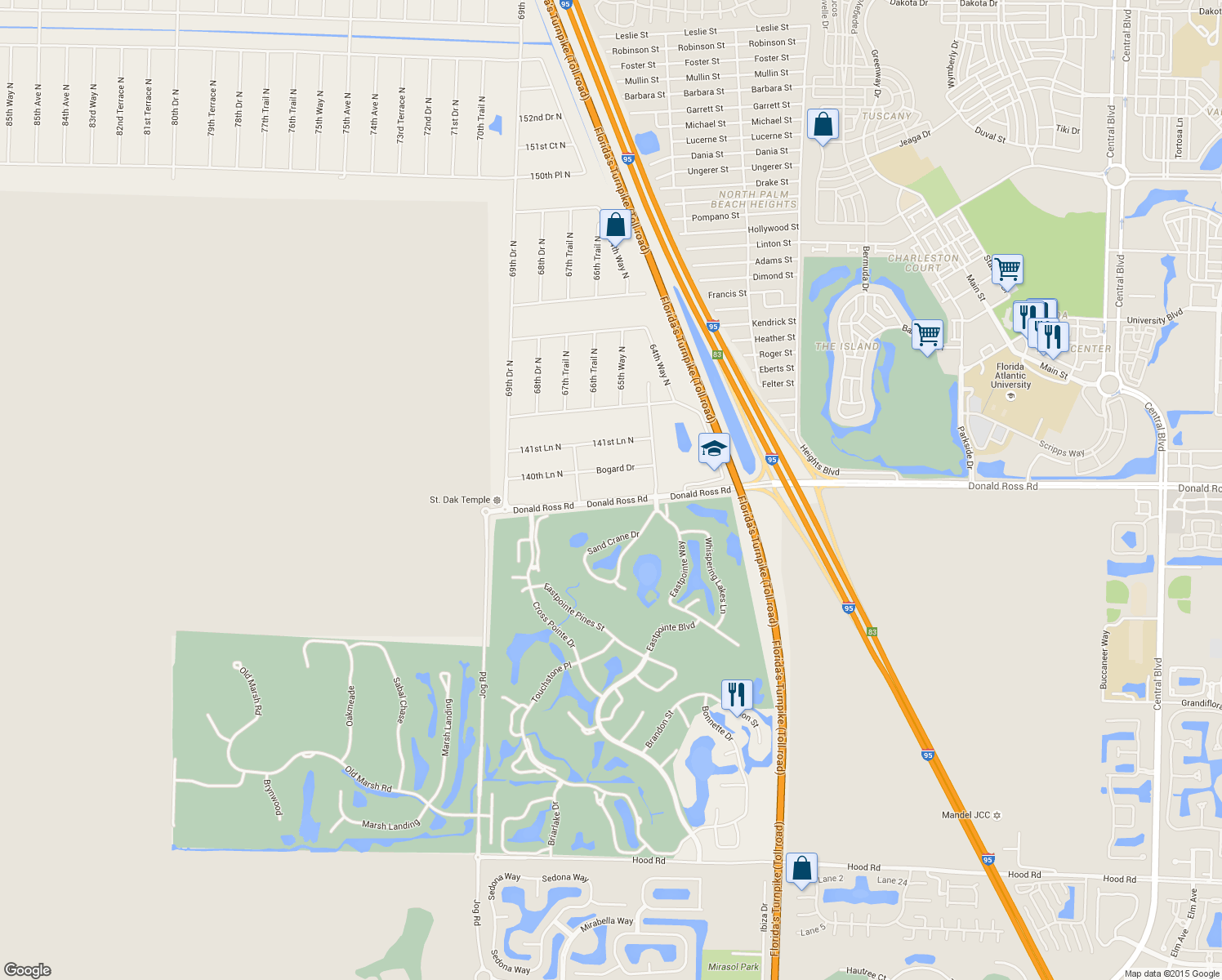 map of restaurants, bars, coffee shops, grocery stores, and more near 6599 Donald Ross Road in Palm Beach Gardens