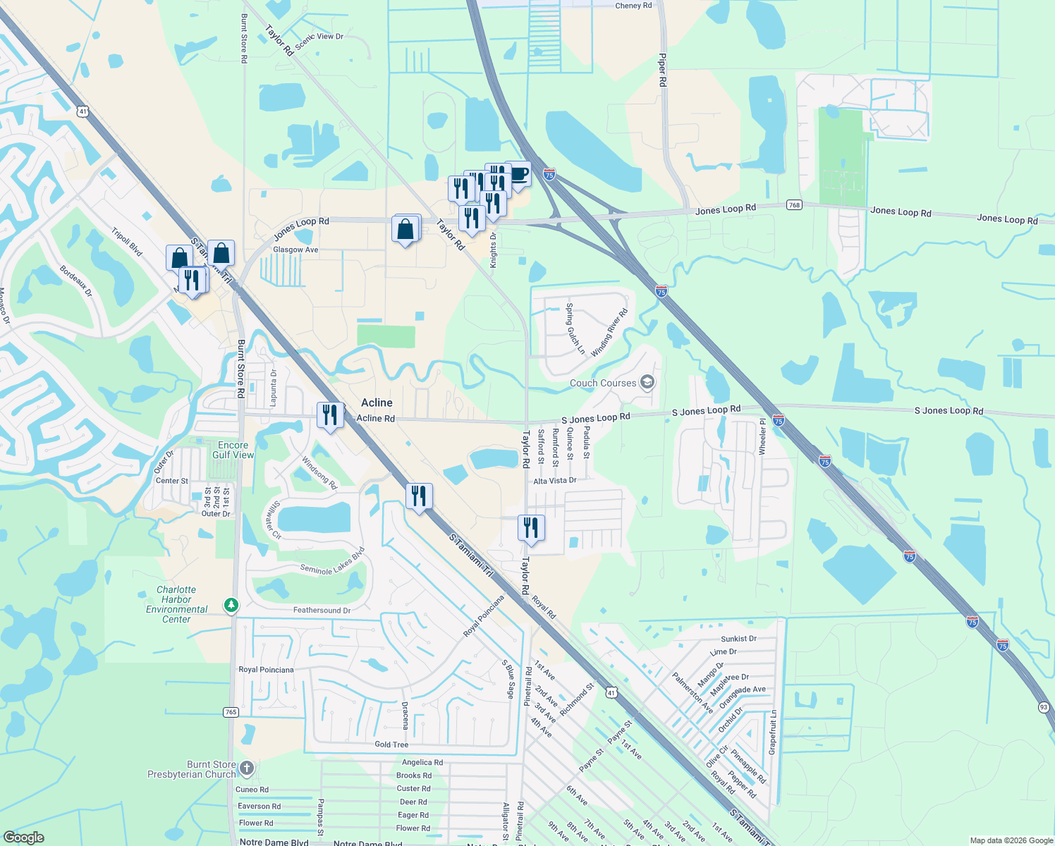map of restaurants, bars, coffee shops, grocery stores, and more near 29510 South Jones Loop Road in Punta Gorda