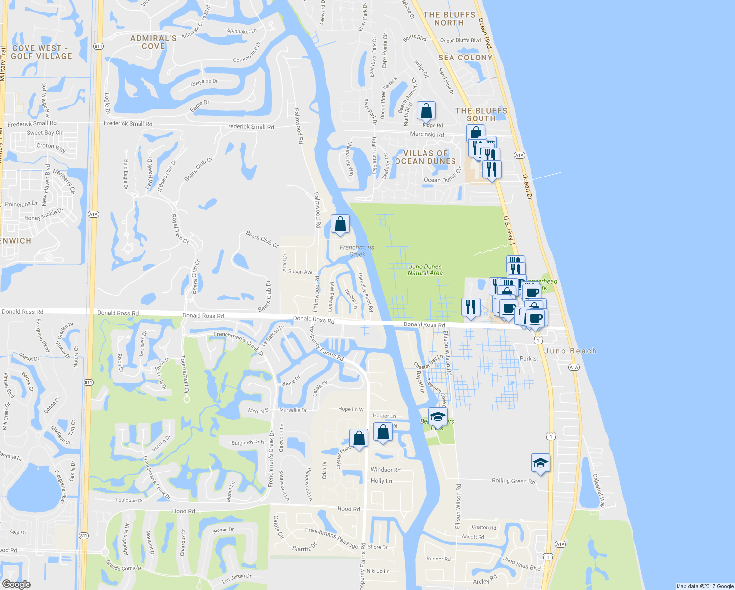 map of restaurants, bars, coffee shops, grocery stores, and more near 14140 Paradise Point Road in Palm Beach Gardens