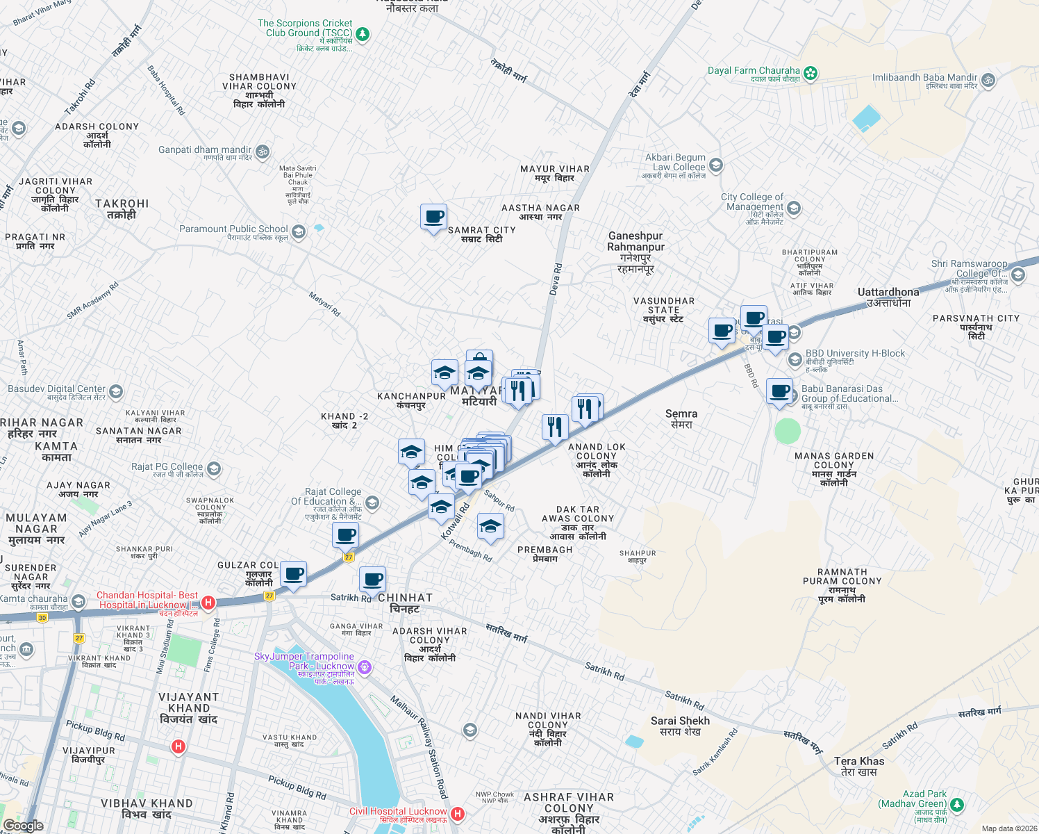 map of restaurants, bars, coffee shops, grocery stores, and more near Deva Road in Lucknow