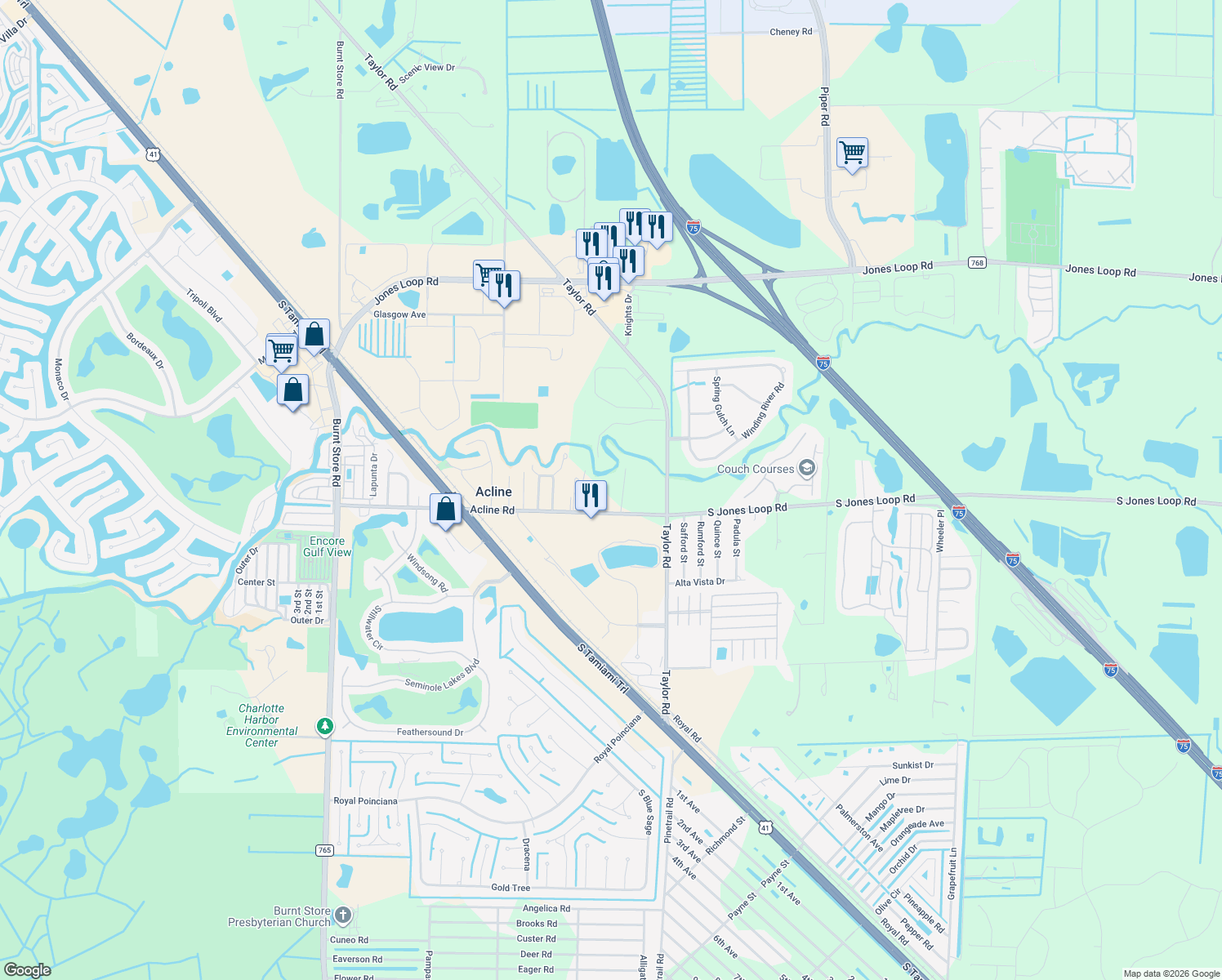 map of restaurants, bars, coffee shops, grocery stores, and more near 3850 Acline Road in Punta Gorda