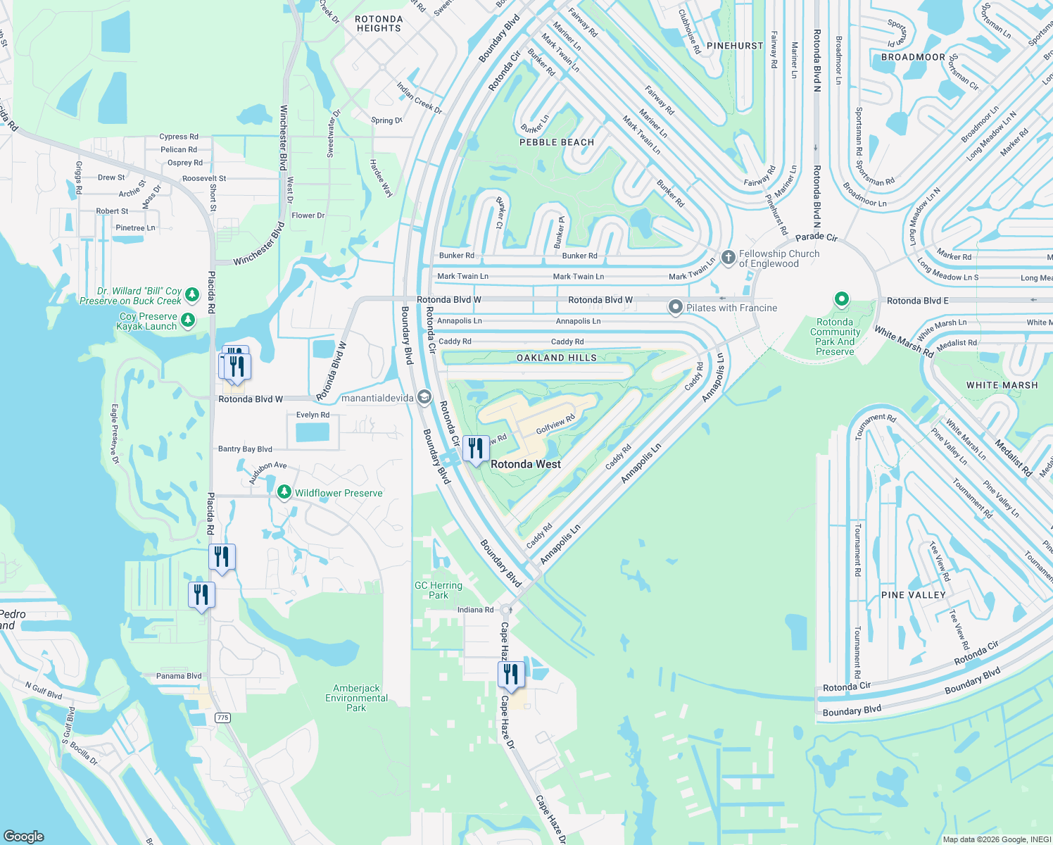 map of restaurants, bars, coffee shops, grocery stores, and more near 72 Golfview Road in Rotonda West