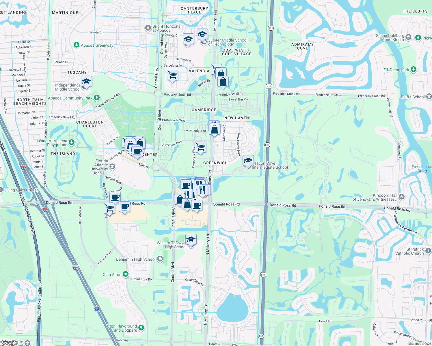 map of restaurants, bars, coffee shops, grocery stores, and more near 164 Greenwich Circle in Jupiter
