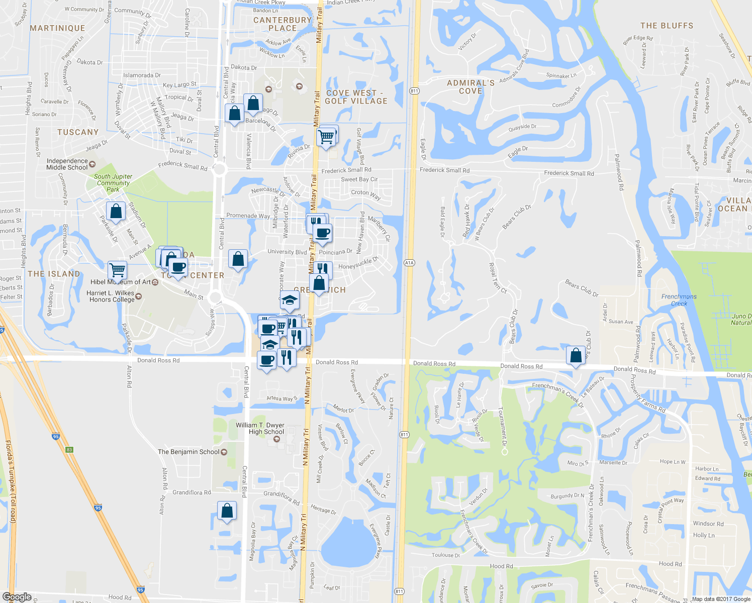map of restaurants, bars, coffee shops, grocery stores, and more near 150 Schoolhouse Road in Jupiter