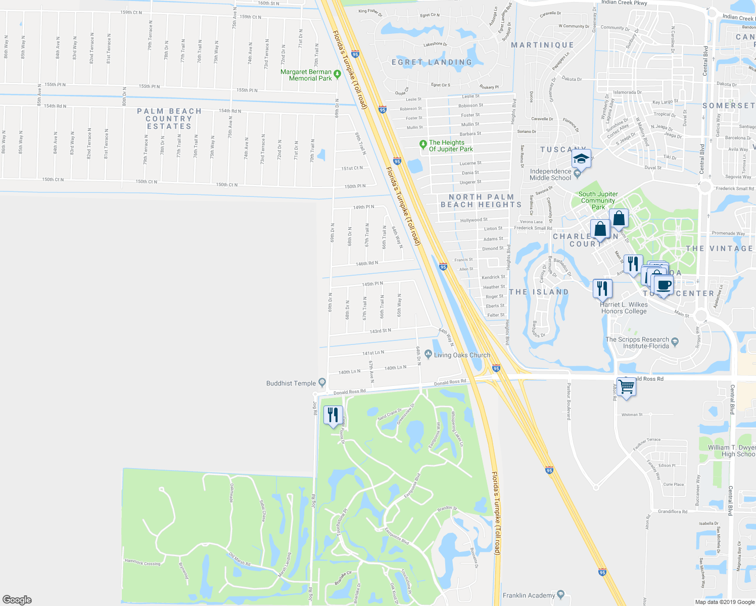 map of restaurants, bars, coffee shops, grocery stores, and more near 14493 66th Trail N in West Palm Beach