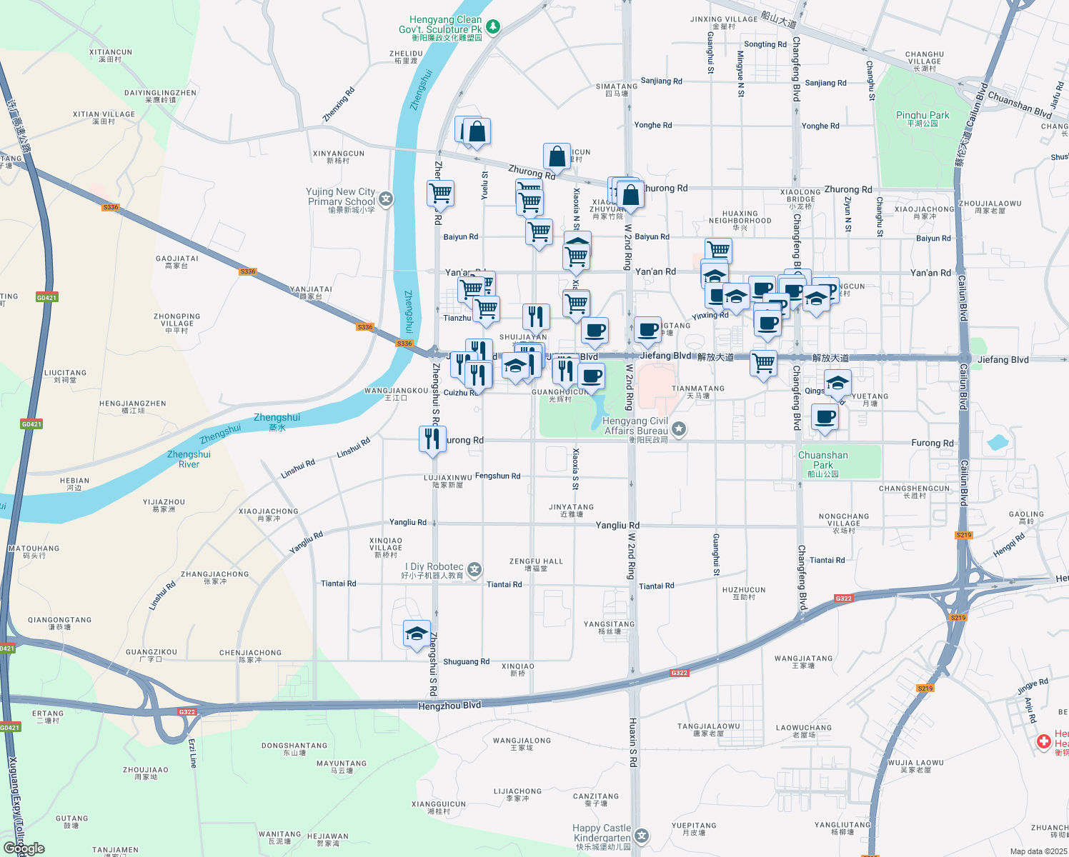 map of restaurants, bars, coffee shops, grocery stores, and more near Cai Xia Jie in Heng Yang Shi