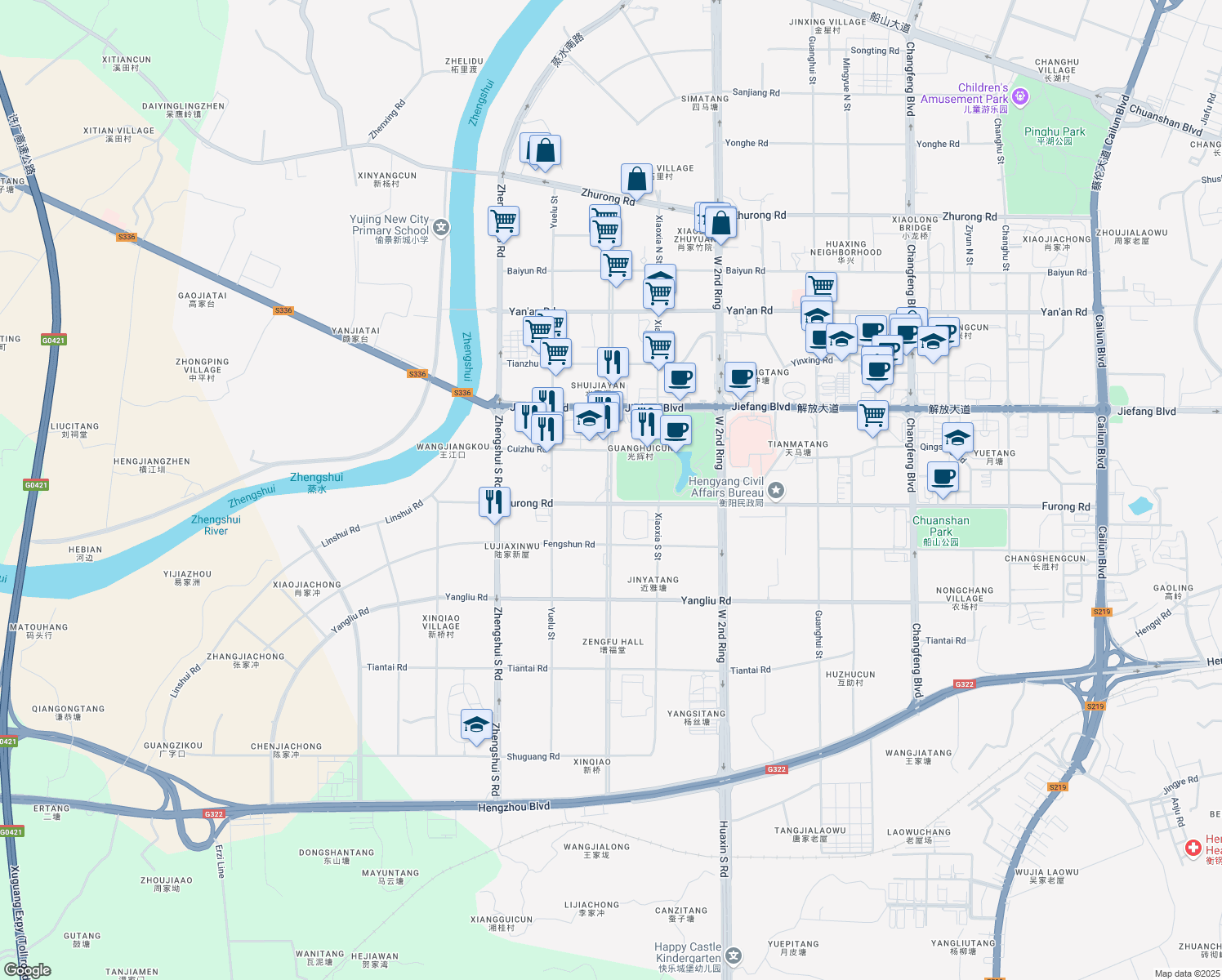 map of restaurants, bars, coffee shops, grocery stores, and more near Cai Xia Jie in Heng Yang Shi