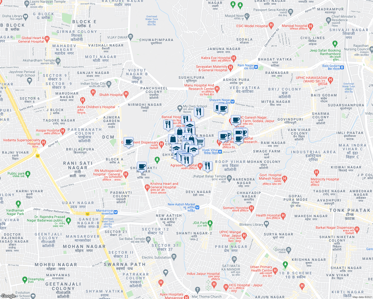 map of restaurants, bars, coffee shops, grocery stores, and more near 354 Uday Path in Jaipur