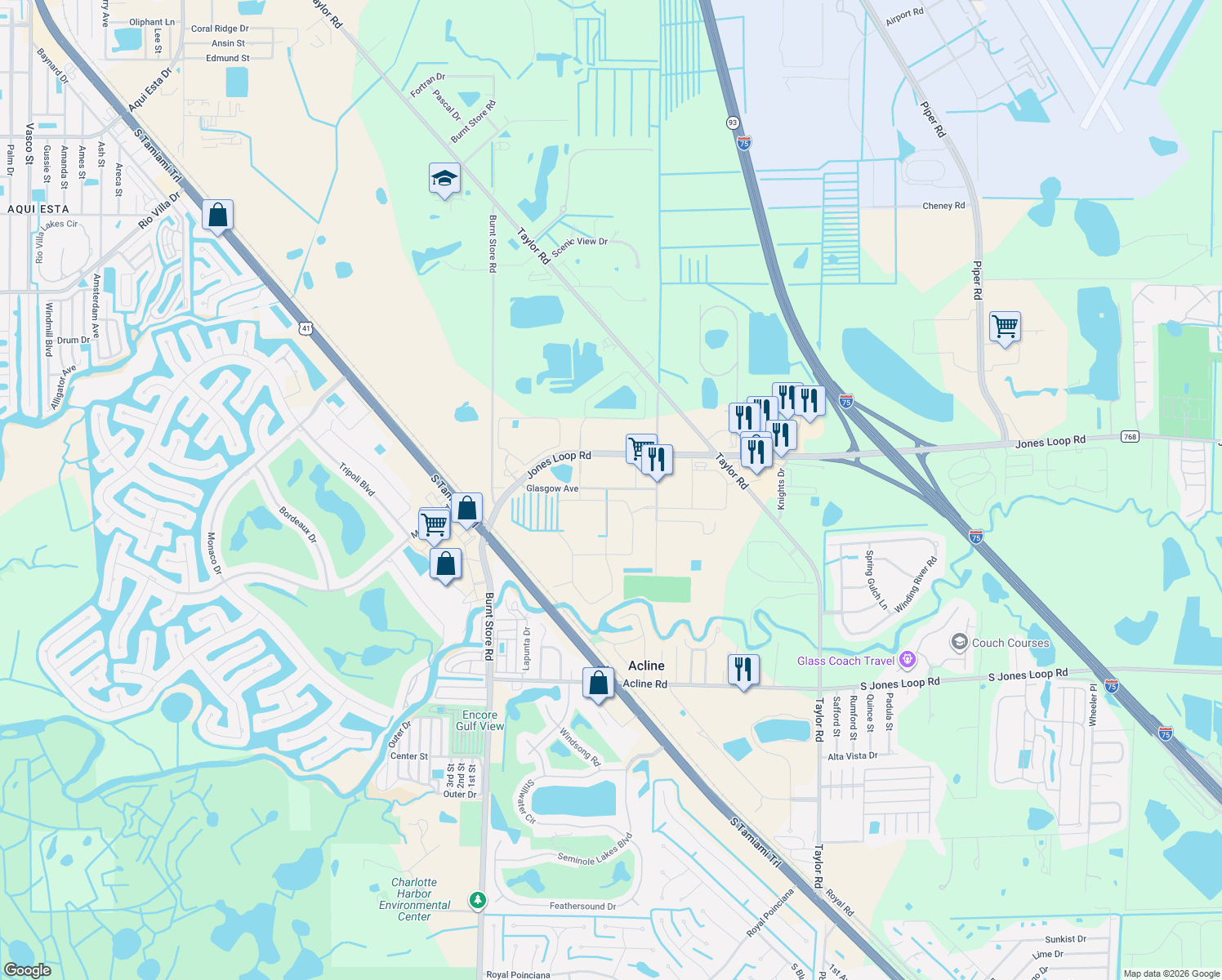 map of restaurants, bars, coffee shops, grocery stores, and more near 26279 Ferncroft Avenue in Punta Gorda