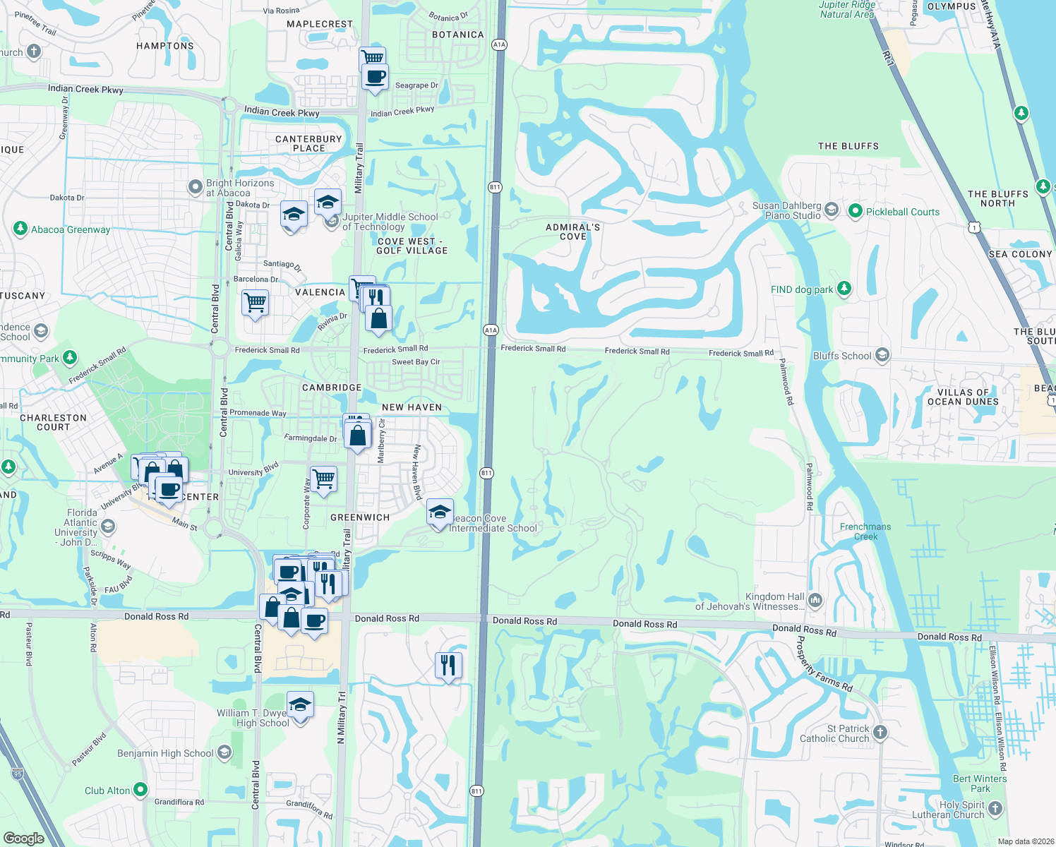 map of restaurants, bars, coffee shops, grocery stores, and more near 512 Bald Eagle Dr in Jupiter