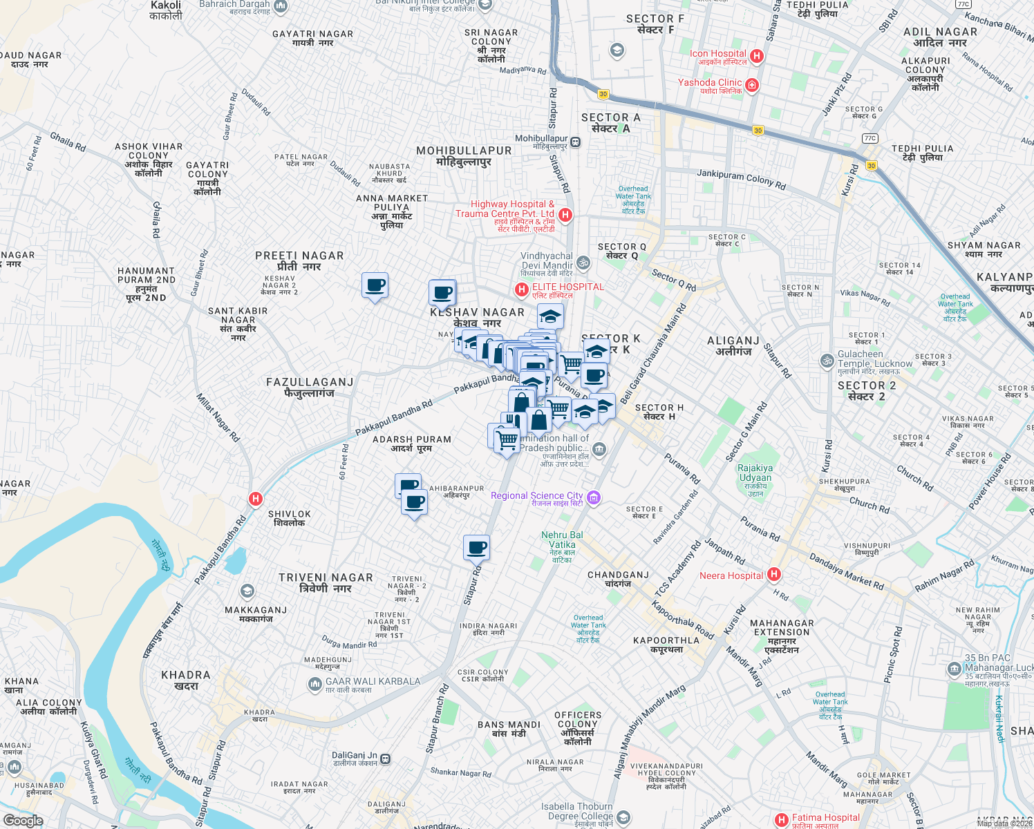 map of restaurants, bars, coffee shops, grocery stores, and more near Sitapur Road in Lucknow