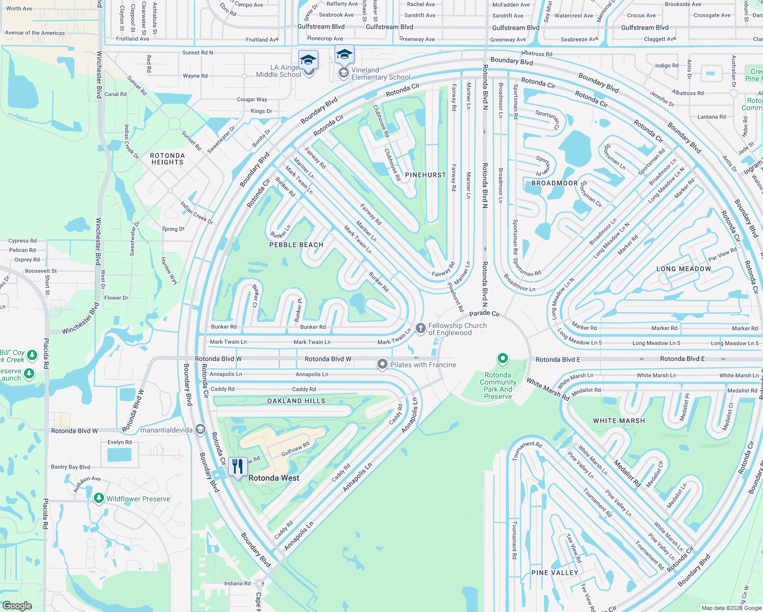 map of restaurants, bars, coffee shops, grocery stores, and more near 11 Pebble Beach Road in Rotonda West