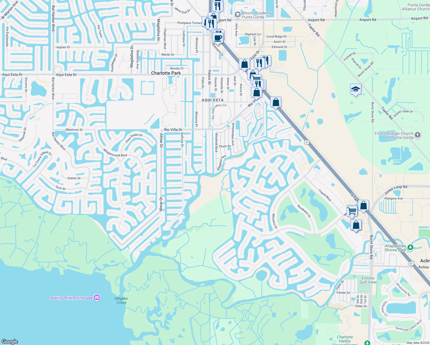 map of restaurants, bars, coffee shops, grocery stores, and more near 2 Alligator Avenue in Punta Gorda
