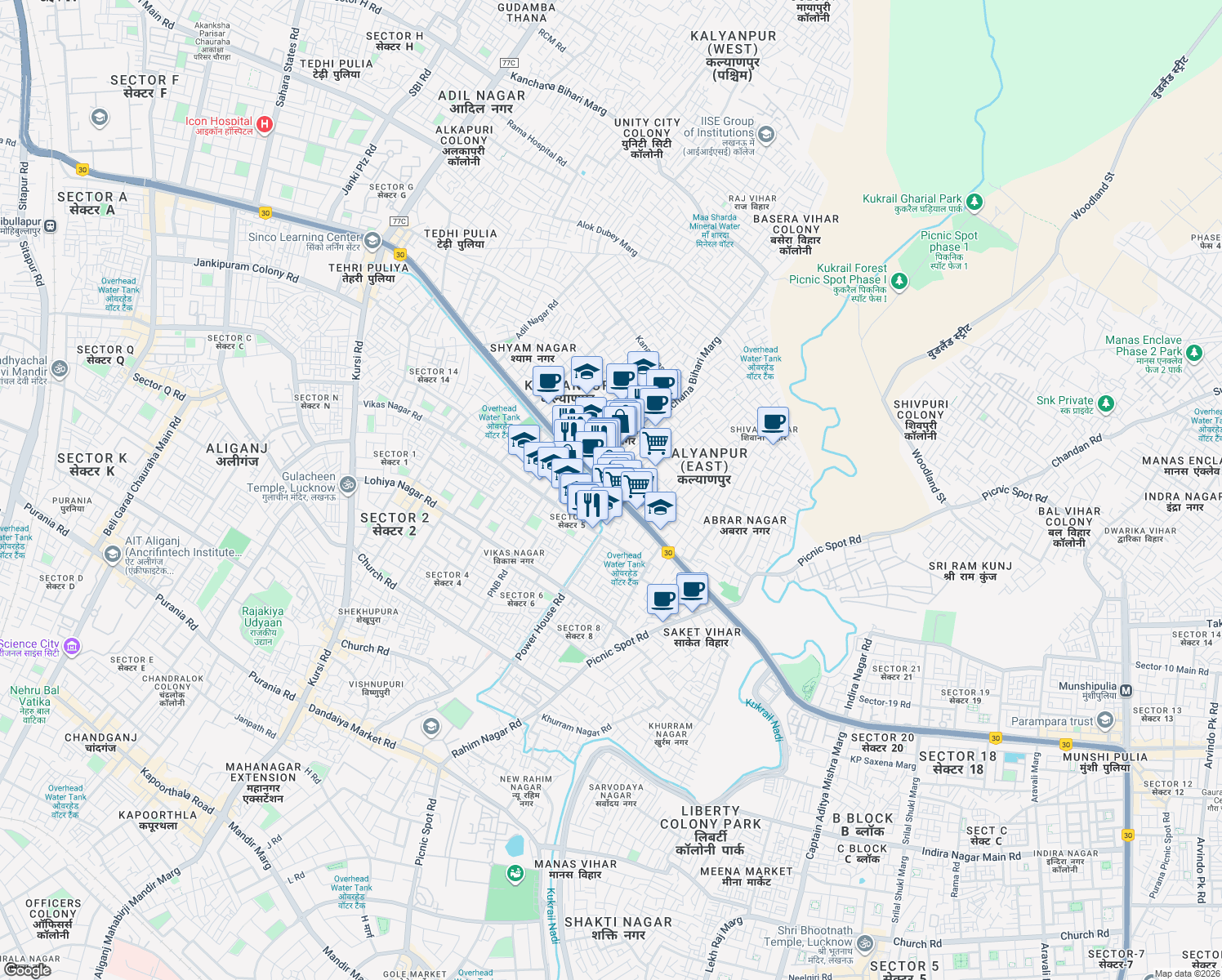 map of restaurants, bars, coffee shops, grocery stores, and more near Tedhi Pulia Ring Road in Lucknow