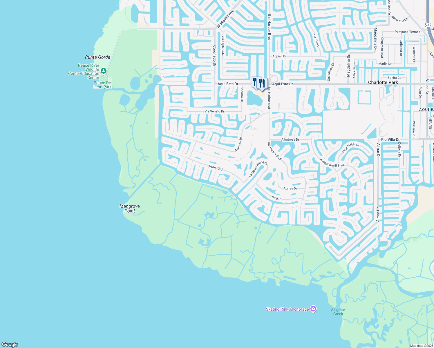map of restaurants, bars, coffee shops, grocery stores, and more near 3812 Aves Island Court in Punta Gorda