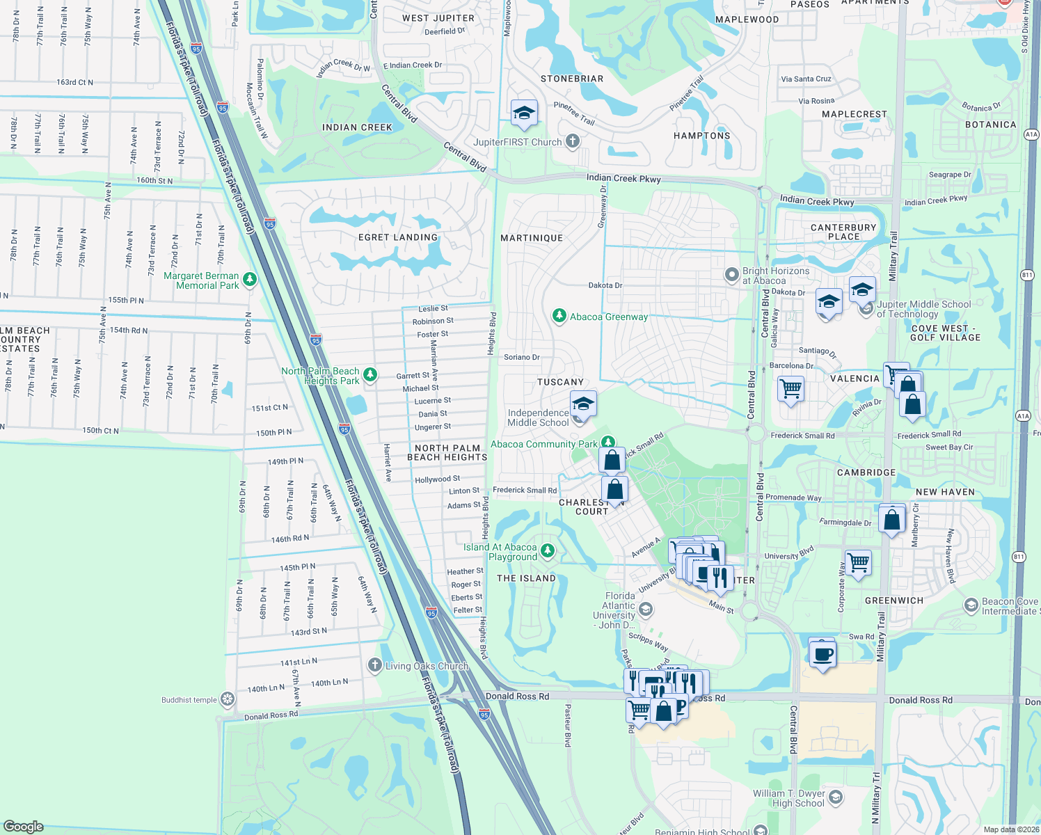 map of restaurants, bars, coffee shops, grocery stores, and more near 3518 Community Drive in Jupiter