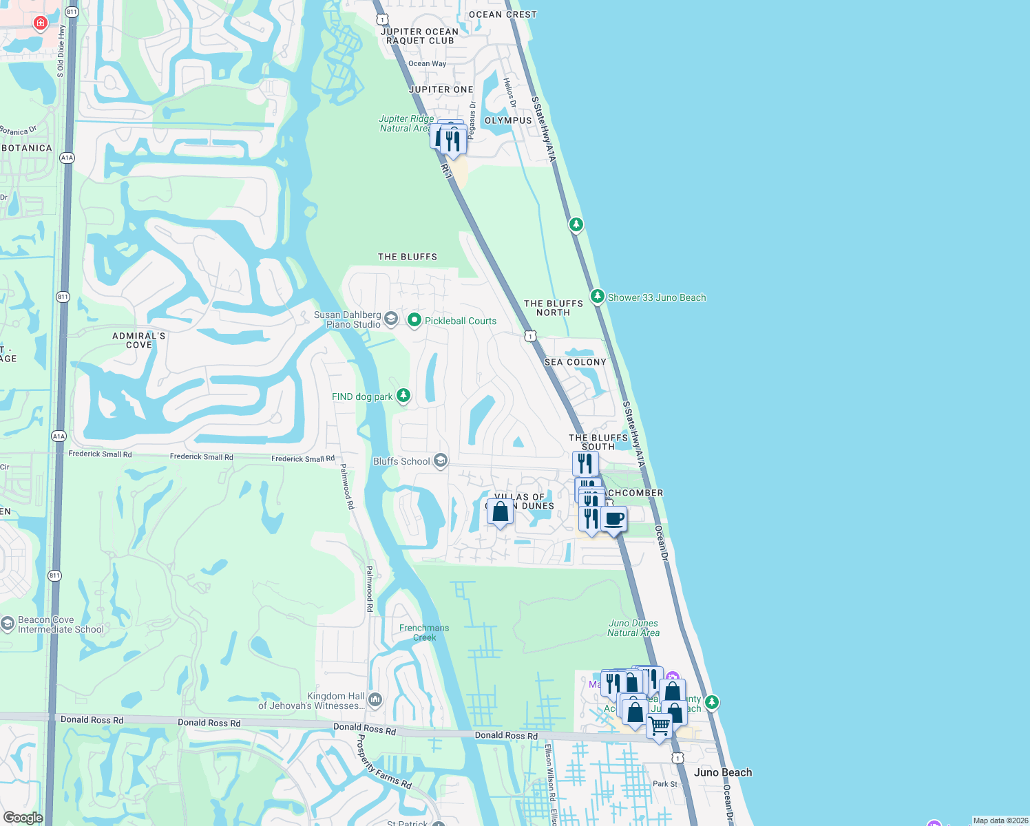 map of restaurants, bars, coffee shops, grocery stores, and more near 101 Dunes Edge Road in Jupiter