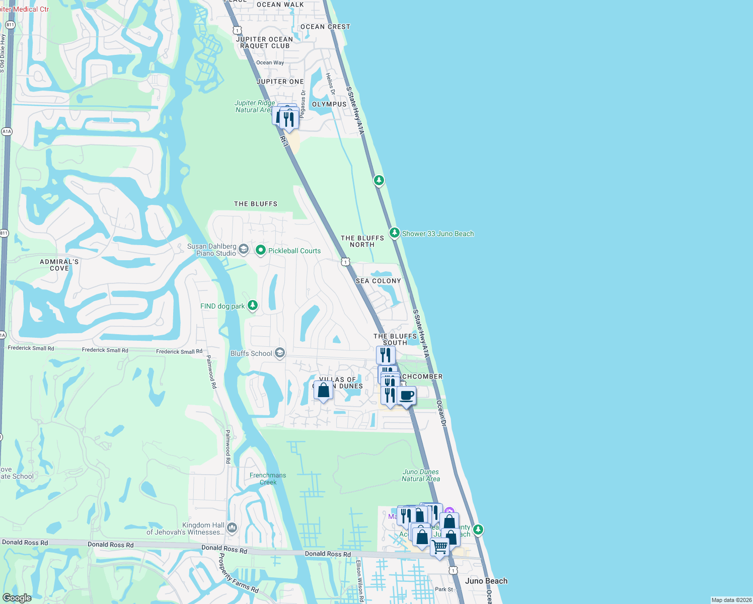 map of restaurants, bars, coffee shops, grocery stores, and more near 3057 Genoa Lane in Jupiter