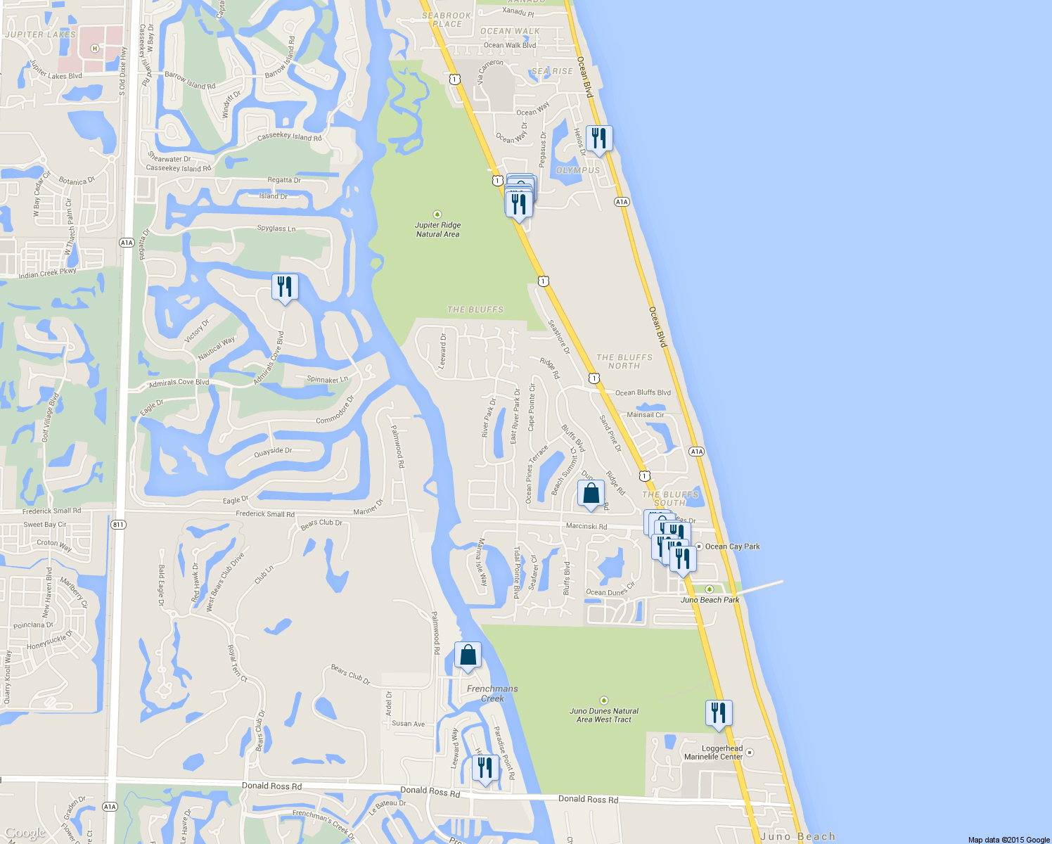 map of restaurants, bars, coffee shops, grocery stores, and more near 126 Cape Pointe Circle in Jupiter