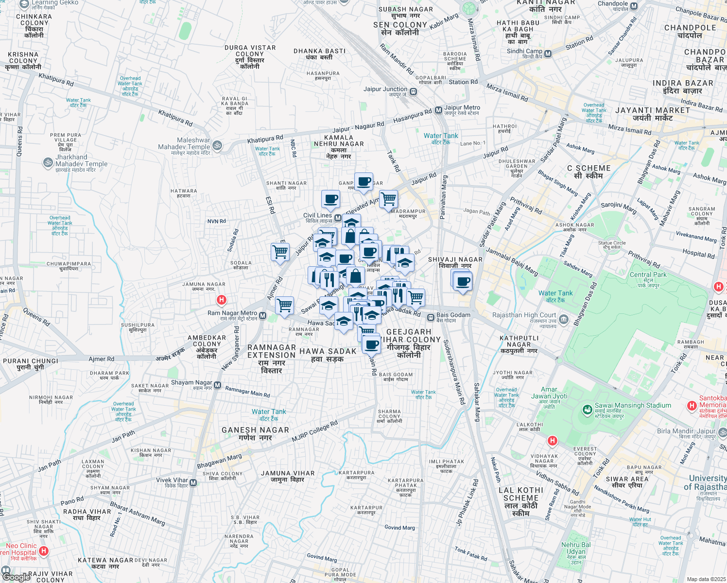 map of restaurants, bars, coffee shops, grocery stores, and more near 16 Keshav Nagar Lane - 3 in Jaipur
