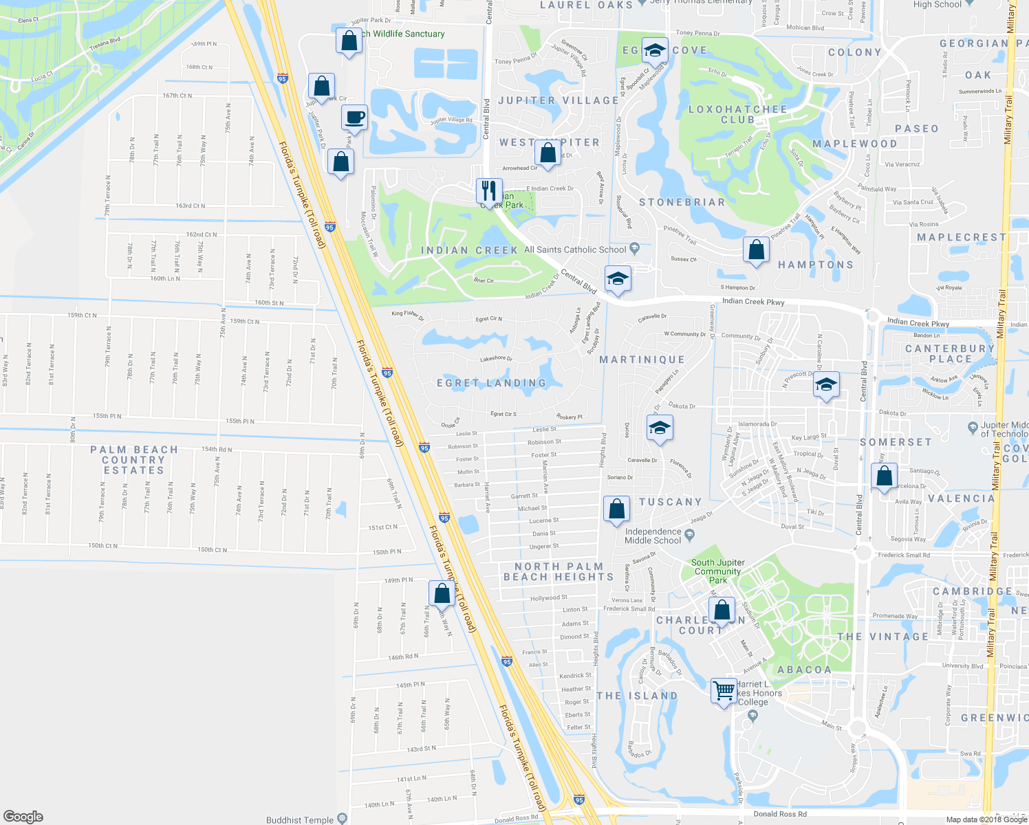 map of restaurants, bars, coffee shops, grocery stores, and more near 523 Pheasant Lane North in Jupiter